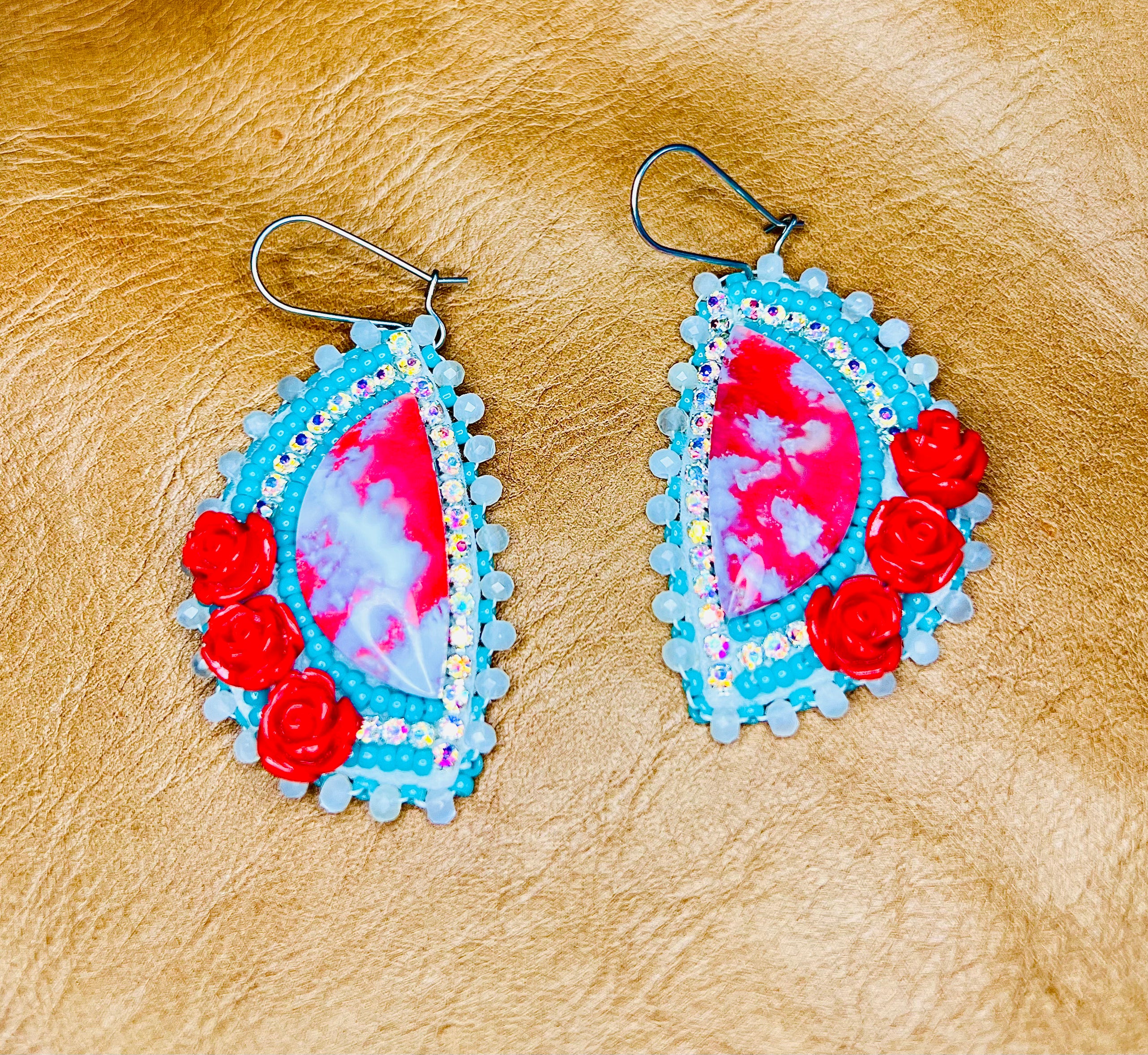 Red Plume Agate Rose Garden Earrings