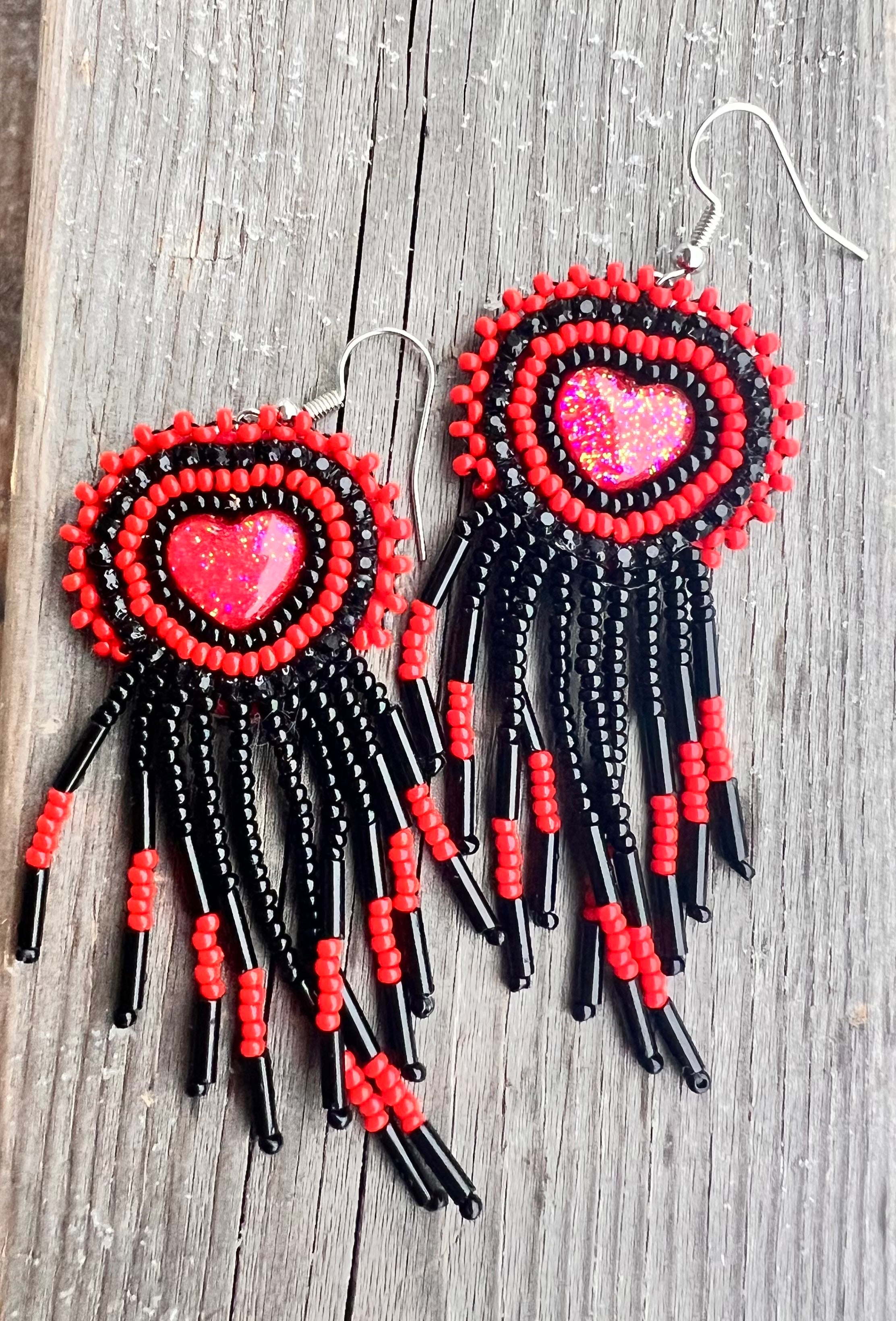 Red-Fringe Heart Earrings