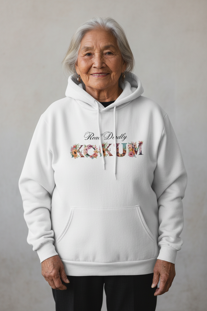 Older Native American grandmother wearing Real Deadly Kokum hoodie