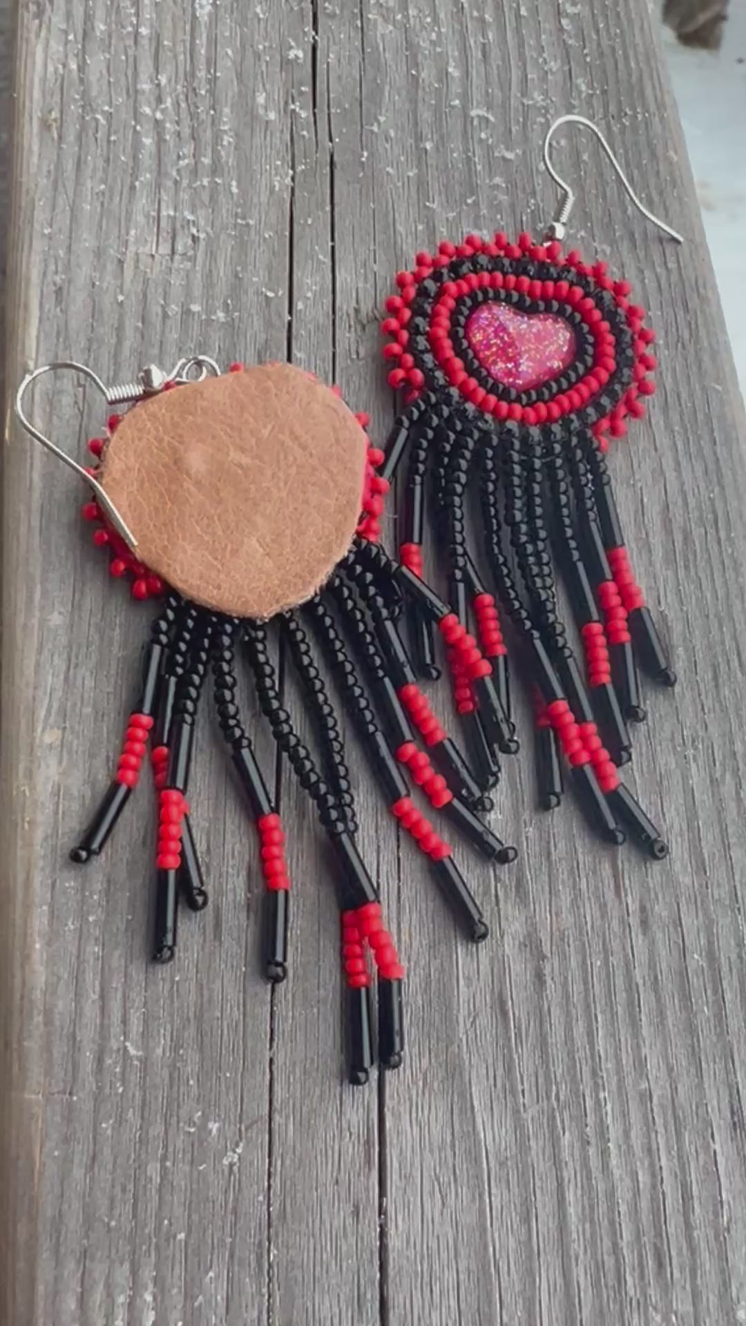 Red-Fringe Heart Earrings