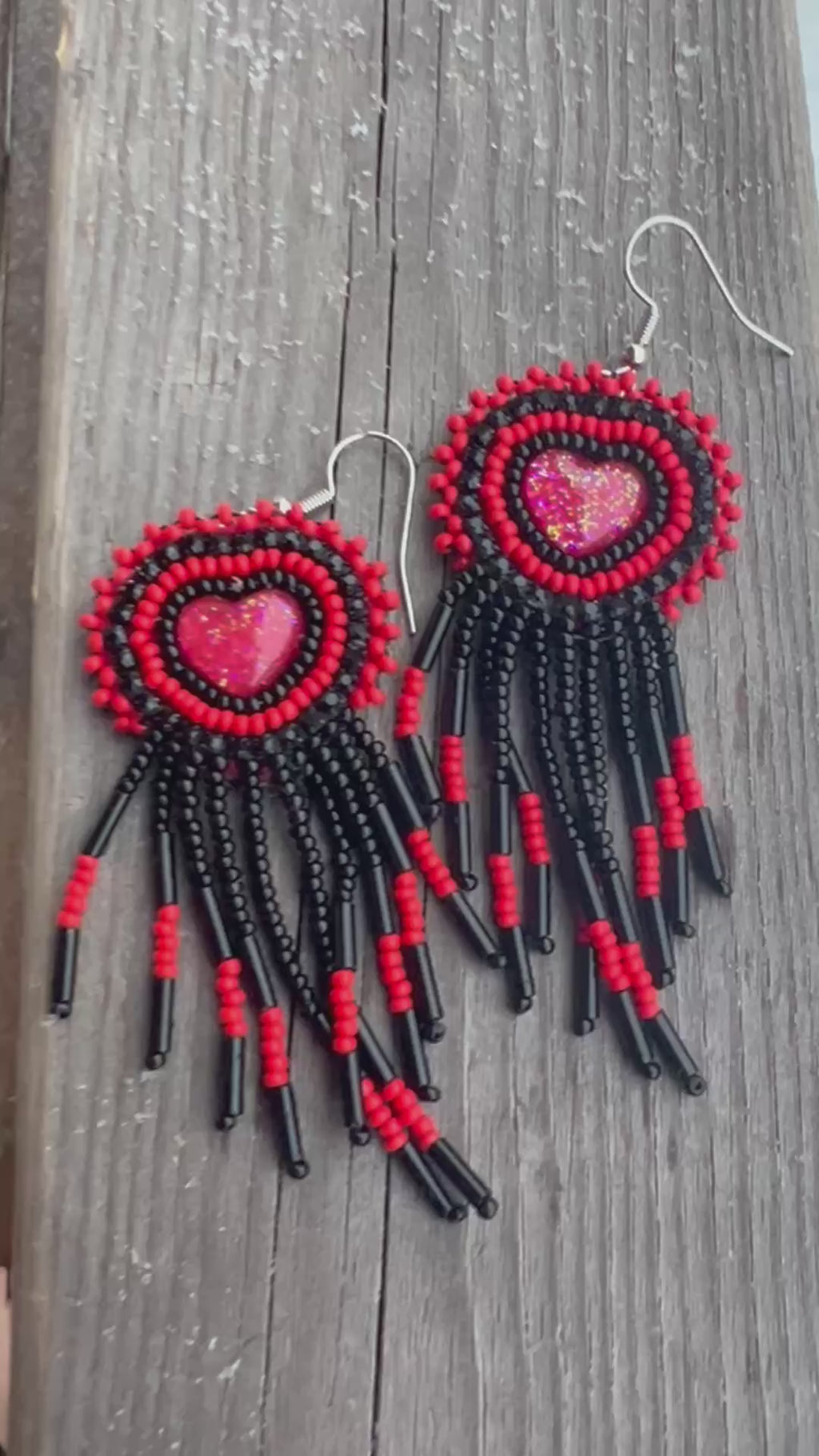 Red-Fringe Heart Earrings